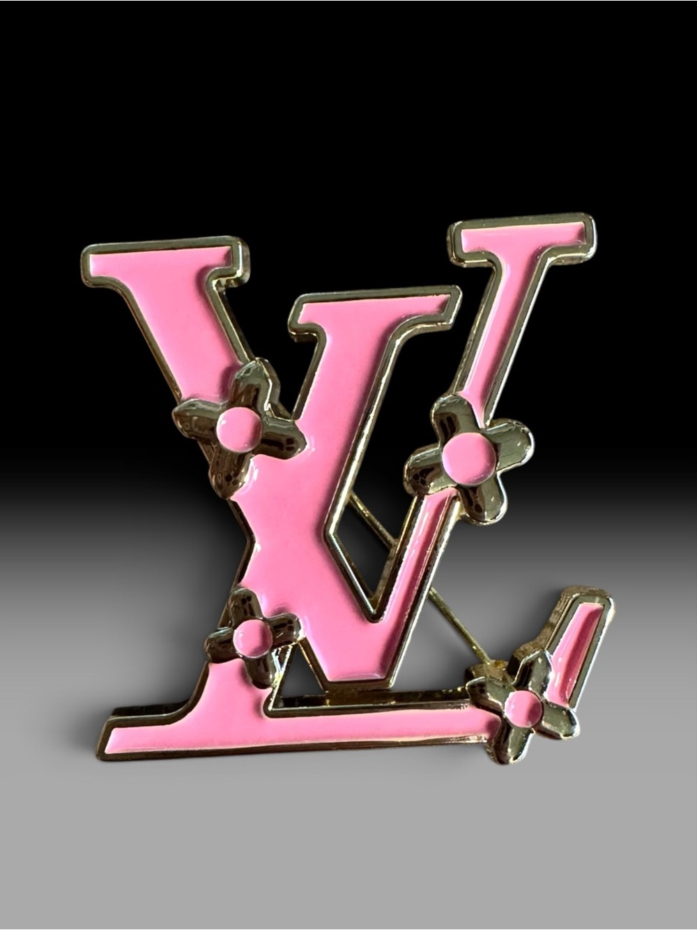 Pink Enamel Monogram Brooch with Gold Accents